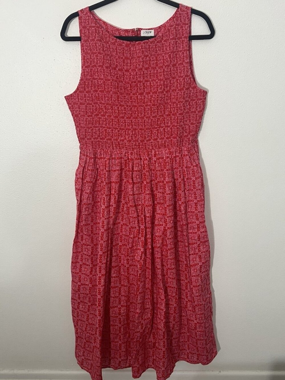 J. CREW Dress Smocked Boatneck Midi Cerise Lotus Bloom Size Medium Pockets Red